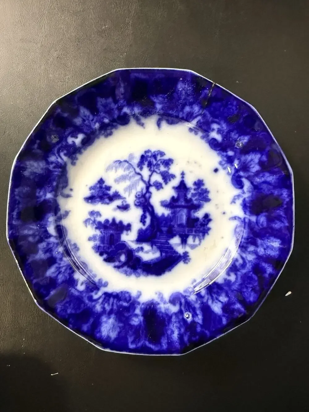 Antique English Flow Blue Transferware Plate with Pagoda Landscape Scene